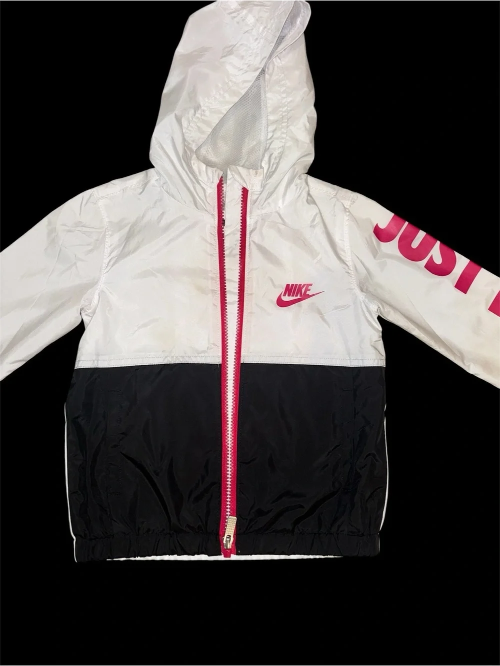 Girls Nike White and Black Hooded Windbreaker with Pink Accents